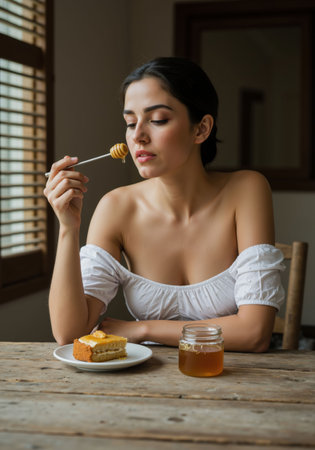 Woman drizzling honey on delicious honey cake at wooden table, showcasing dessert, sweetness, and healthy eating concept.の素材