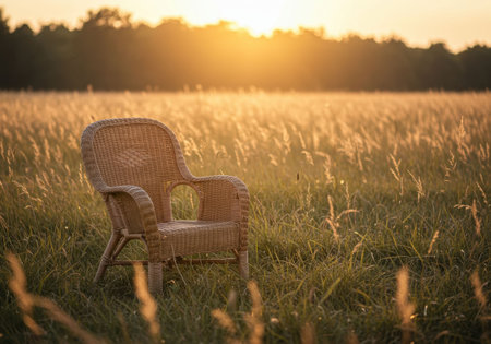 Empty wicker chair sits in a field of tall grass during a beautiful sunset. Represents solitude and peace in nature, a quiet moment outdoors.の素材