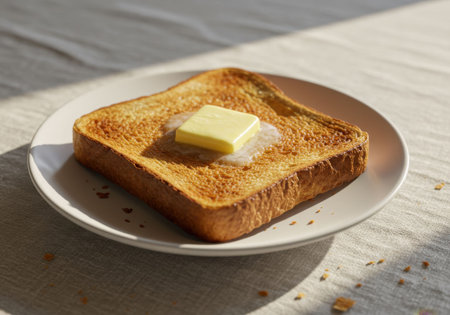 A slice of toast sits on a plate with a square of melting butter covering the top. Simple meal representation for breakfast and everyday routine concept still life lifestyle food design.の素材