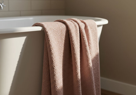 A textured pink towel draped across the smooth white edge of a bathtub, illuminated by warm sunlight in a peaceful home bathroom. Everyday routine and domestic comfort concept.の素材