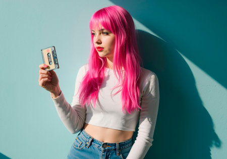 Woman with vibrant pink hair looks at a cassette tape. Retro audio media nostalgia and music concept. Everyday scene of young woman exploring past technology with unique vibrant style.の素材