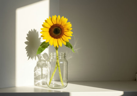 Single sunflower in glass jar on windowsill with sunlight. Domestic scene with simple everyday still life. Home decor or inspirational concept.の素材