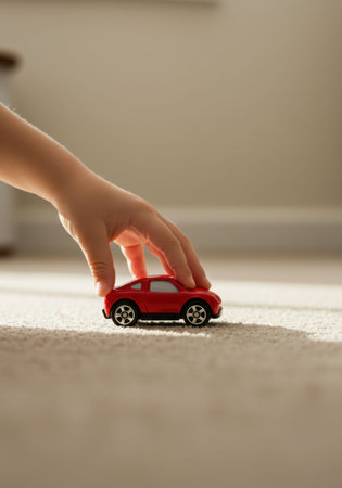 Child's hand pushes a small red toy car on a beige floor carpet. Simple everyday scene of a kid playing indoors. Childhood imagination and domestic routine lifestyle.の素材