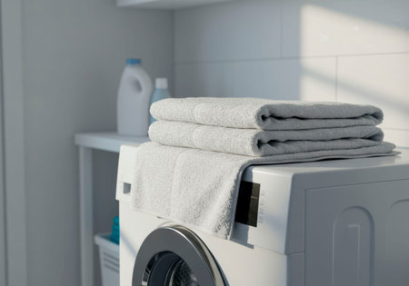 Folded white towels stacked on a clean modern washing machine. Household laundry chore and everyday domestic routine concept for home care.の素材