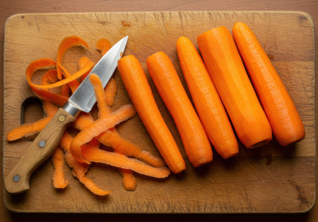 Carrots peeled on a wooden cutting board with a knife and peels. Kitchen preparation routine for culinary ingredient. Everyday food processing concept.の素材