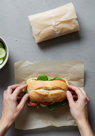 Woman preparing a healthy sandwich on parchment paper for packed lunch. Everyday food preparation still life concept top view simple casual routine.の素材