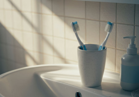 Two toothbrushes in cup on sink ledge. Simple daily personal hygiene routine still life. Domestic lifestyle scene with morning sunlight and shadow.の素材