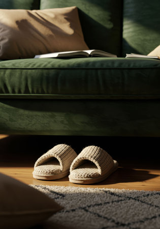 Cozy beige slippers sit on a wooden floor beside a plush green sofa with pillows and a book, depicting quiet home comfort, relaxation moment, and simple routine life.の素材