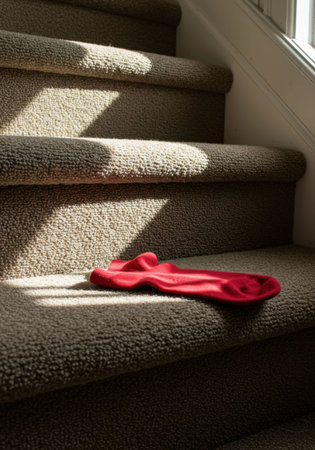 Red sock lies on carpeted stairs illuminated by sunlight streaming through a window. Everyday lost laundry item depicts domestic home life and routine, stilllife concept.の素材