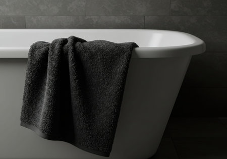 Gray towel on white porcelain bathtub in a modern bathroom environment. Everyday hygiene routine and spa relaxation still life concept.の素材