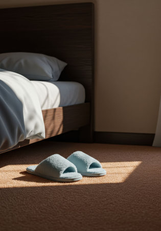 Pair of soft fluffy slippers rest on carpet by a sunlit bed. Depicting a quiet morning routine and domestic comfort still life. An everyday life normal scene with gentle warm light.の素材