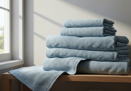 Neatly stacked folded towels on a small wooden table beside a sunlit window. Represents home textile still life, domestic cleaning routine, bath linen storage concept, everyday house chore.の素材