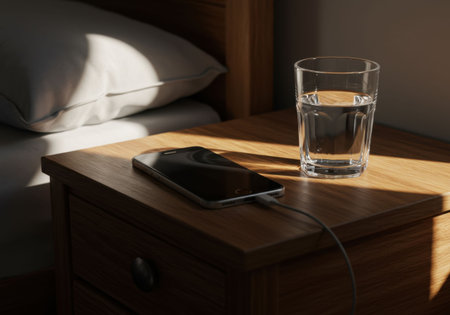 A phone charging and a glass of water sit on a dark wooden nightstand. Morning sunlight streams across the domestic scene, showing everyday routine and still life.の素材