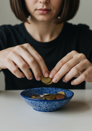 Woman counting metal coins from a blue patterned ceramic bowl on a white table. Everyday routine of managing personal finance and saving for future expenses. Household budget concept illustration.の素材
