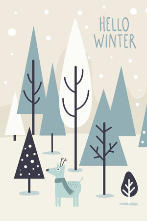 Cute deer wearing a scarf standing in a stylized snowy forest with trees and falling snow. Hello Winter text vector illustration for greeting card, banner, poster design.のイラスト素材