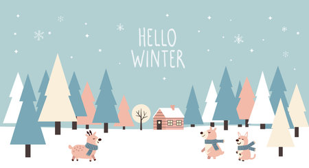 Winter forest landscape with animals, home, text Hello Winter . Christmas holiday, Merry Christmas illustration.のイラスト素材
