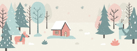 Winter landscape with house and deer in forest. Christmas holiday season.のイラスト素材