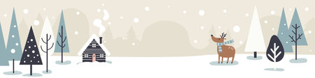 Winter landscape with house and deer in forest. Christmas holiday season.のイラスト素材