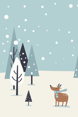 Winter landscape with house and deer in forest. Christmas holiday season.のイラスト素材