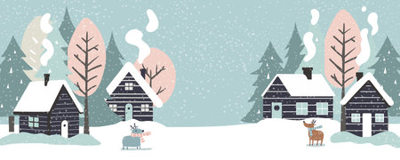 Winter landscape with house and deer in forest. Christmas holiday season.のイラスト素材