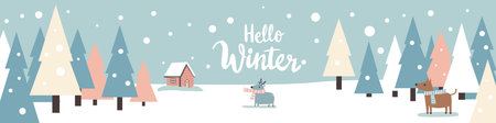 Winter forest landscape with animals, home, text Hello Winter . Christmas holiday, Merry Christmas illustration.のイラスト素材