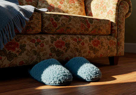 Blue fuzzy slippers wait on wood floor by floral patterned sofa with blanket, a still life scene of domestic comfort and everyday relaxation indoors.の素材