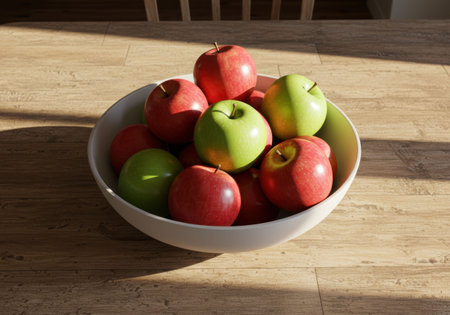 Bowl of fresh red and green apples on a wooden table surface. Concept of healthy eating, natural food, everyday still life, home routine, healthy simple lifestyle.の素材
