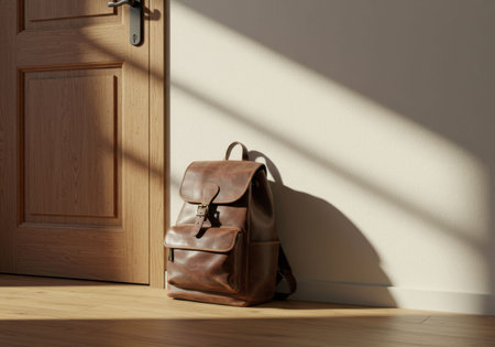 Brown leather backpack sitting on floor next to wooden door in sunlight. An everyday still life scene depicting routine life travel preparations and commuter concept image use.の素材