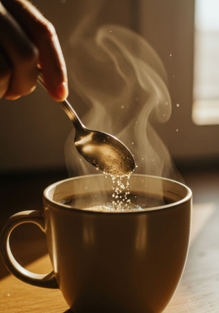 Woman adding sugar to hot coffee. Steam rising from mug. Morning routine and daily habit. Beverages and warm drink concept.の素材