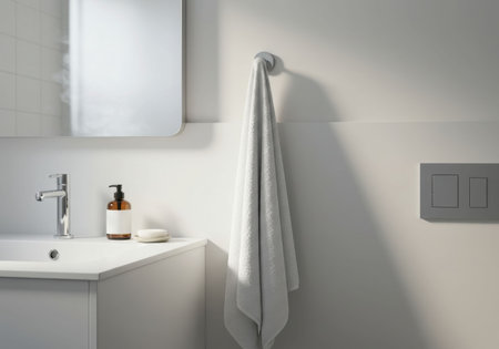 Clean white modern bathroom counter with sink, chrome faucet, amber liquid soap dispenser bottle, soap bar, and white towel hanging. Personal hygiene routine in a contemporary home design.の素材
