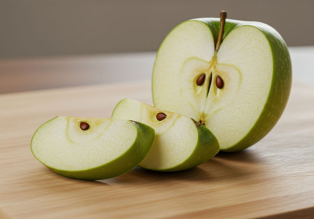 Sliced green apple showing seeds and texture with two fresh wedges on a natural wooden cutting board. Simple healthy food ingredient preparation still life.の素材