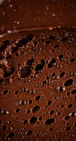 Close-up of rich brown chocolate liquid with many small and large bubbles, showing a complex and delicious texture for food or dessert design.の素材