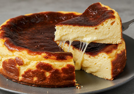 Slice of basque burnt cheesecake being lifted with a fork, showing internal texture. Dessert for a sweet meal concept.の素材