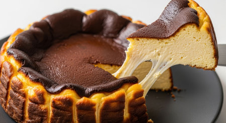 Basque burnt cheesecake being served, a slice with stretchy texture. Sweet dessert for confectionery concept.の素材