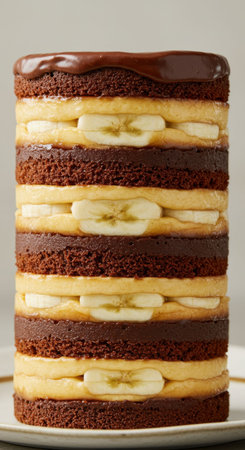 Layered chocolate cake with banana and caramel filling. Decadent dessert for celebration and birthday enjoyment. Delicious sweet food photography.の素材