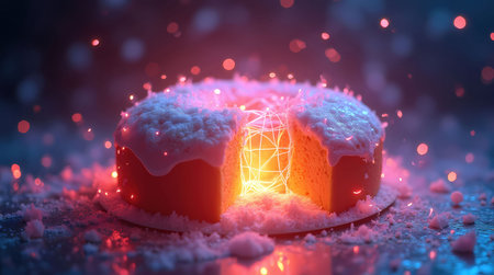Round cake with a glowing core, covered with snow, and illuminated by festive lights. Holiday dessert with mystical digital light.の素材