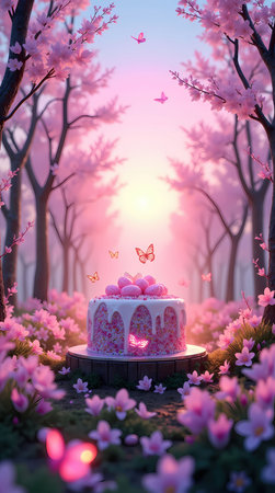 Pink birthday cake with sprinkles and butterflies in a blossoming sakura forest at sunset. Celebration and sweet dessert concept.の素材