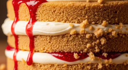 Close up view of a delicious layer cake with rich texture, sweet cream, and vibrant, dripping raspberry sauce.の素材