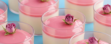 Many glasses with creamy dessert and pink topping decorated with rose bud. Sweet panacotta. Elegant food.の素材