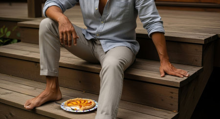 Man enjoying a homemade fresh peach pie on wooden steps outdoors. Sweet dessert concept for summer picnic or casual outdoor dining.の素材