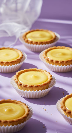 Many sweet lemon curd tarts in white paper cups on purple background. Dessert snack bakery product for party or cafe.の素材