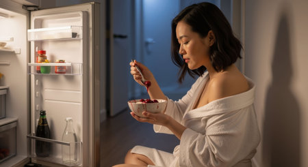 Young woman in a white bathrobe sits on the floor reaching into an open refrigerator, looking relaxed as she eats ice cream.の素材