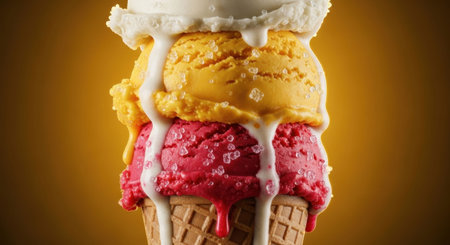 Stack of colorful ice cream scoops with melting white and yellow syrup on a waffle cone. Sweet frozen dessert for summer concept.の素材