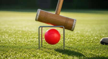 Croquet mallet hitting a red ball through a wicket on a green grass lawn. Summer sports and healthy outdoor activity concept.の素材