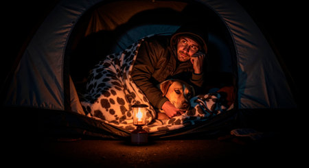 A man and his dog cuddling inside a tent under the warm glow of a lantern at night. Dog day concept.の素材