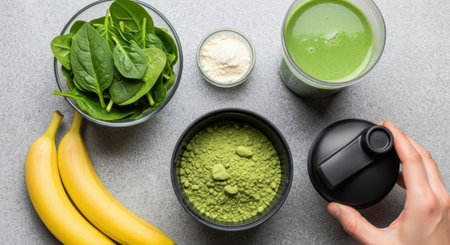 Woman holding a shaker bottle with ingredients for green protein shake. Healthy nutrition lifestyle concept. Sport and health.の素材