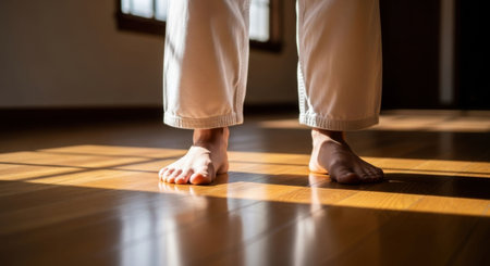 Man's bare feet standing on a shiny wooden floor, wearing white martial arts uniform pants, with warm sunbeamsの素材