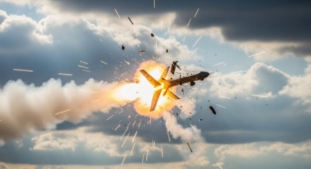 Drone with propeller explosion and smoke. Military conflict and battle concept. Unmanned aerial vehicle caught fire and destroyed.の素材