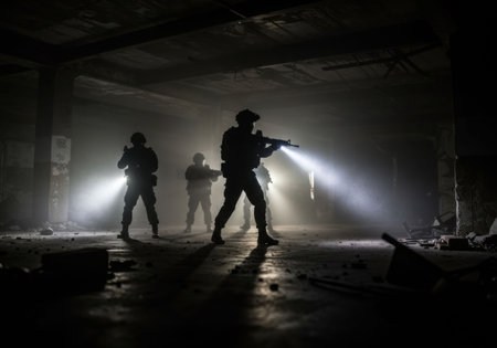Men in military uniform silhouettes in a dark, smoky room. Counter-terrorism unit during special operation. Army tactic concept.の素材