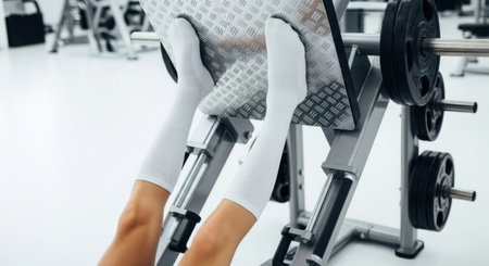 Female athlete performing leg press exercise on machine in fitness gym. Sports training for strength and body workout.の素材
